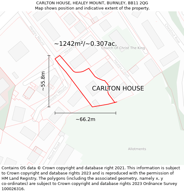 CARLTON HOUSE, HEALEY MOUNT, BURNLEY, BB11 2QG: Plot and title map