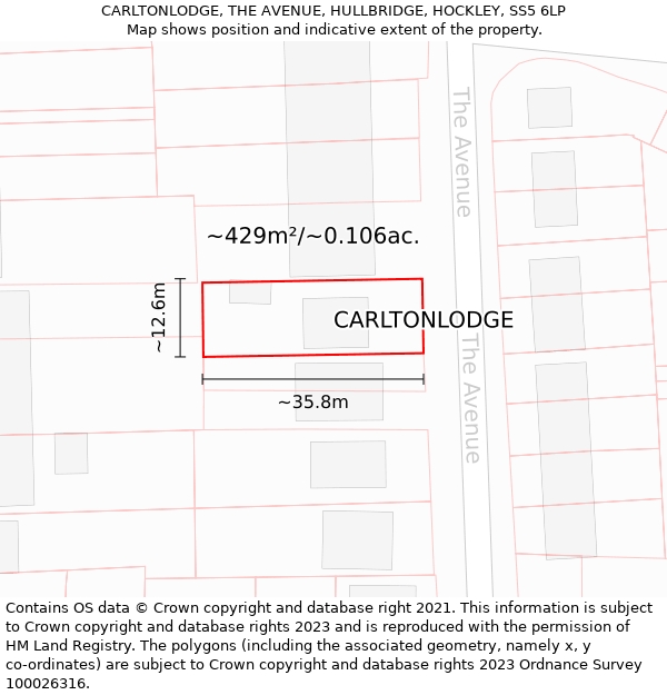 CARLTONLODGE, THE AVENUE, HULLBRIDGE, HOCKLEY, SS5 6LP: Plot and title map