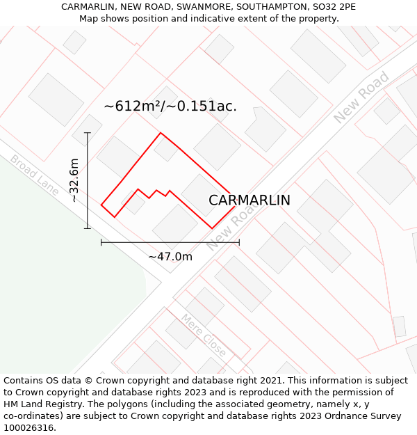 CARMARLIN, NEW ROAD, SWANMORE, SOUTHAMPTON, SO32 2PE: Plot and title map