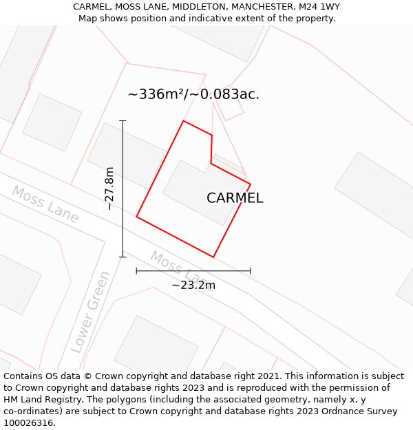 CARMEL, MOSS LANE, MIDDLETON, MANCHESTER, M24 1WY: Plot and title map