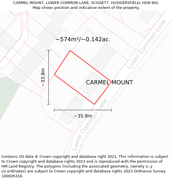 CARMEL MOUNT, LOWER COMMON LANE, SCISSETT, HUDDERSFIELD, HD8 9HL: Plot and title map