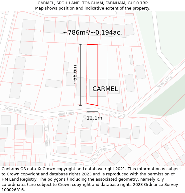 CARMEL, SPOIL LANE, TONGHAM, FARNHAM, GU10 1BP: Plot and title map