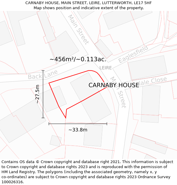 CARNABY HOUSE, MAIN STREET, LEIRE, LUTTERWORTH, LE17 5HF: Plot and title map