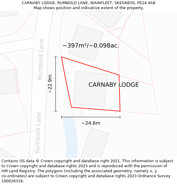 CARNABY LODGE, RUMBOLD LANE, WAINFLEET, SKEGNESS, PE24 4AB: Plot and title map