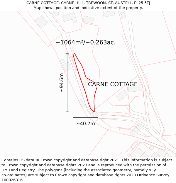 CARNE COTTAGE, CARNE HILL, TREWOON, ST. AUSTELL, PL25 5TJ: Plot and title map