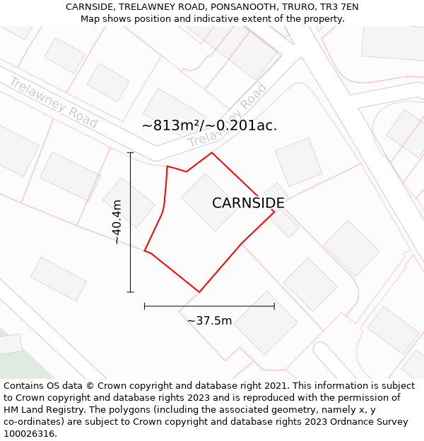 CARNSIDE, TRELAWNEY ROAD, PONSANOOTH, TRURO, TR3 7EN: Plot and title map