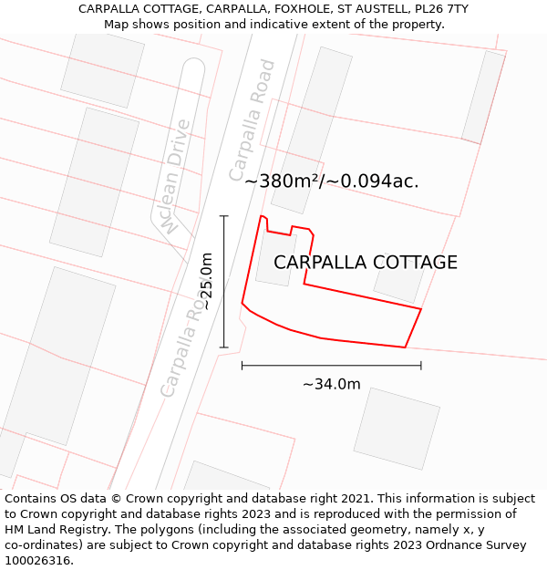 CARPALLA COTTAGE, CARPALLA, FOXHOLE, ST AUSTELL, PL26 7TY: Plot and title map