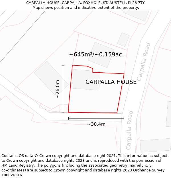 CARPALLA HOUSE, CARPALLA, FOXHOLE, ST. AUSTELL, PL26 7TY: Plot and title map