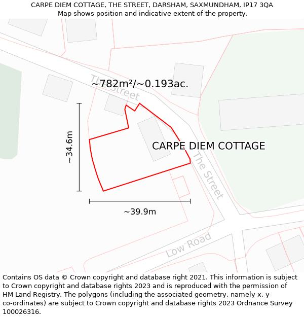 CARPE DIEM COTTAGE, THE STREET, DARSHAM, SAXMUNDHAM, IP17 3QA: Plot and title map