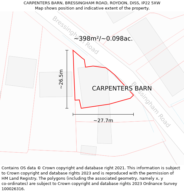 CARPENTERS BARN, BRESSINGHAM ROAD, ROYDON, DISS, IP22 5XW: Plot and title map