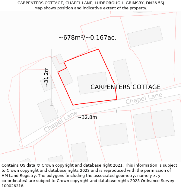 CARPENTERS COTTAGE, CHAPEL LANE, LUDBOROUGH, GRIMSBY, DN36 5SJ: Plot and title map