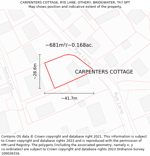 CARPENTERS COTTAGE, RYE LANE, OTHERY, BRIDGWATER, TA7 0PT: Plot and title map