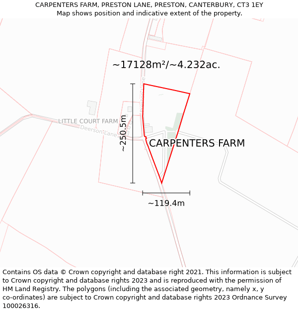 CARPENTERS FARM, PRESTON LANE, PRESTON, CANTERBURY, CT3 1EY: Plot and title map