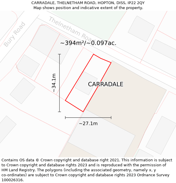 CARRADALE, THELNETHAM ROAD, HOPTON, DISS, IP22 2QY: Plot and title map