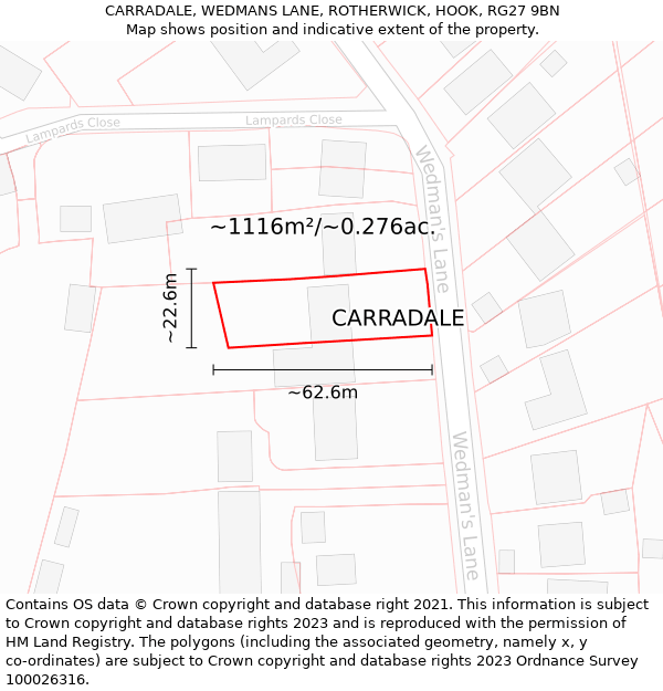 CARRADALE, WEDMANS LANE, ROTHERWICK, HOOK, RG27 9BN: Plot and title map