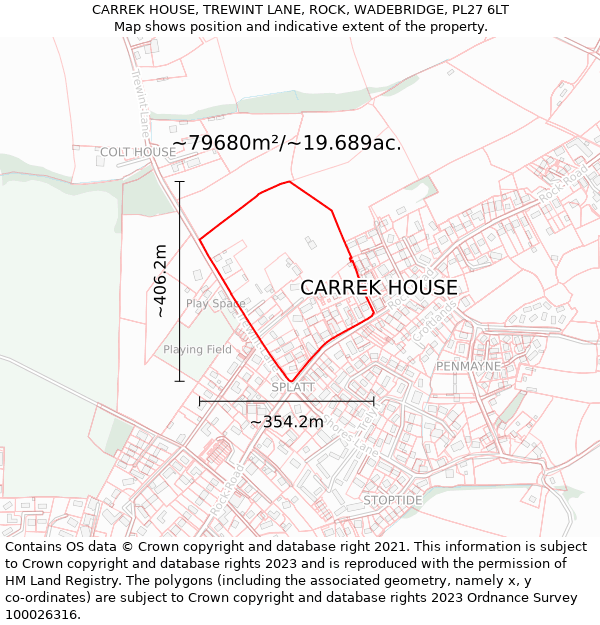 CARREK HOUSE, TREWINT LANE, ROCK, WADEBRIDGE, PL27 6LT: Plot and title map