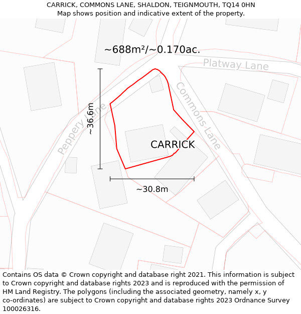 CARRICK, COMMONS LANE, SHALDON, TEIGNMOUTH, TQ14 0HN: Plot and title map