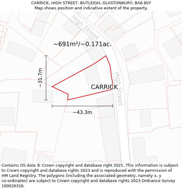 CARRICK, HIGH STREET, BUTLEIGH, GLASTONBURY, BA6 8SY: Plot and title map
