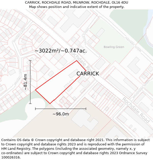 CARRICK, ROCHDALE ROAD, MILNROW, ROCHDALE, OL16 4DU: Plot and title map