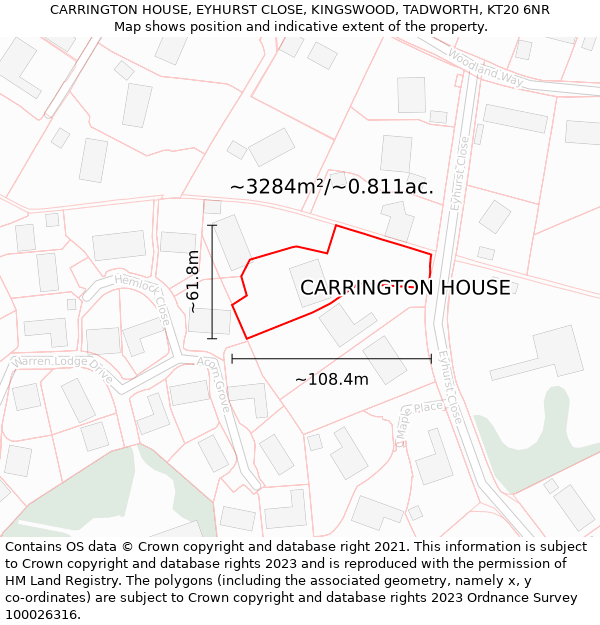 CARRINGTON HOUSE, EYHURST CLOSE, KINGSWOOD, TADWORTH, KT20 6NR: Plot and title map