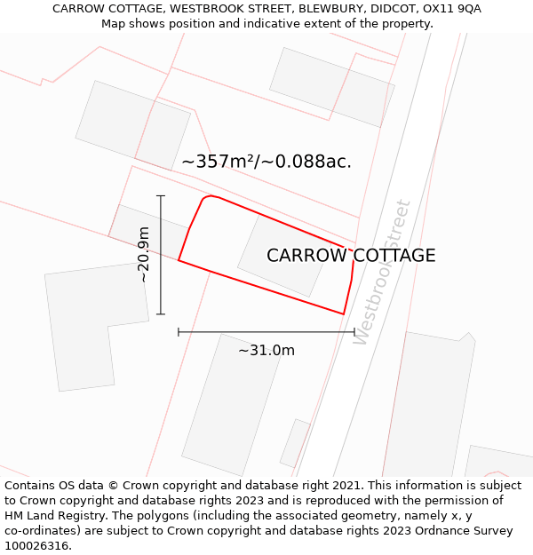CARROW COTTAGE, WESTBROOK STREET, BLEWBURY, DIDCOT, OX11 9QA: Plot and title map
