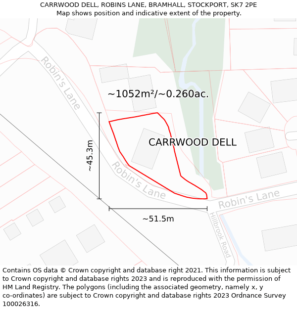 CARRWOOD DELL, ROBINS LANE, BRAMHALL, STOCKPORT, SK7 2PE: Plot and title map