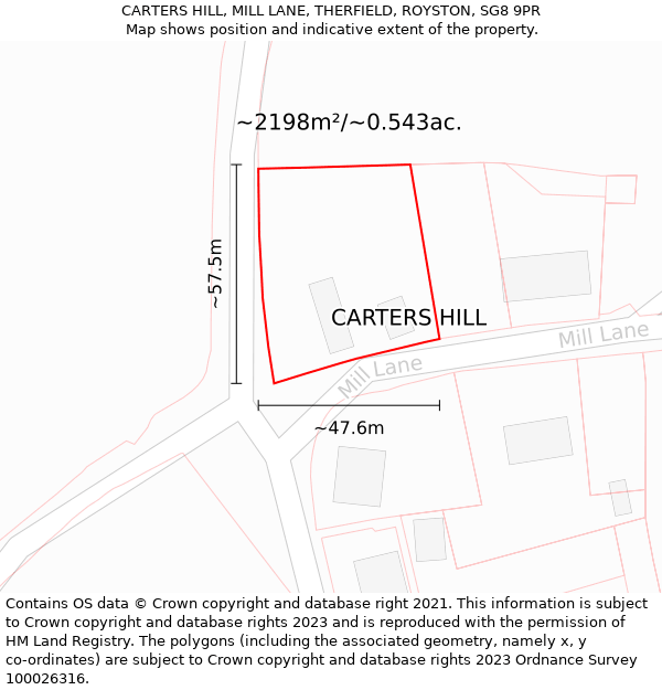 CARTERS HILL, MILL LANE, THERFIELD, ROYSTON, SG8 9PR: Plot and title map