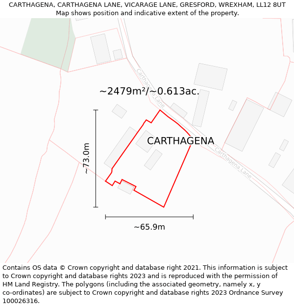 CARTHAGENA, CARTHAGENA LANE, VICARAGE LANE, GRESFORD, WREXHAM, LL12 8UT: Plot and title map