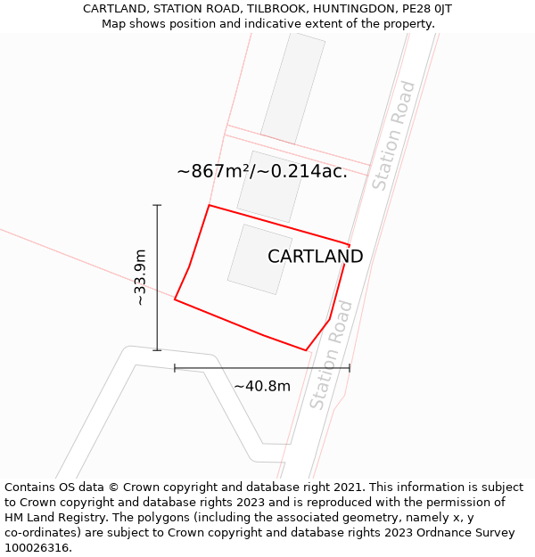 CARTLAND, STATION ROAD, TILBROOK, HUNTINGDON, PE28 0JT: Plot and title map