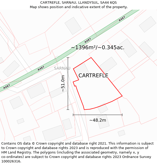 CARTREFLE, SARNAU, LLANDYSUL, SA44 6QS: Plot and title map