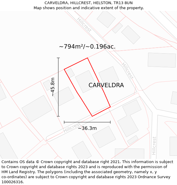 CARVELDRA, HILLCREST, HELSTON, TR13 8UN: Plot and title map