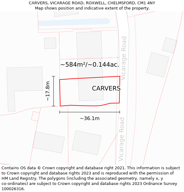 CARVERS, VICARAGE ROAD, ROXWELL, CHELMSFORD, CM1 4NY: Plot and title map