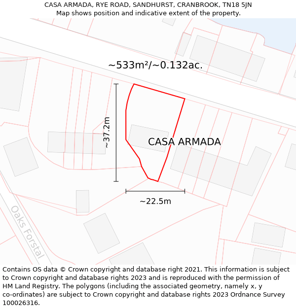 CASA ARMADA, RYE ROAD, SANDHURST, CRANBROOK, TN18 5JN: Plot and title map