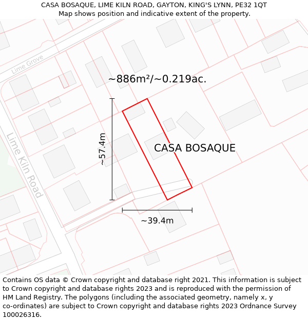 CASA BOSAQUE, LIME KILN ROAD, GAYTON, KING'S LYNN, PE32 1QT: Plot and title map