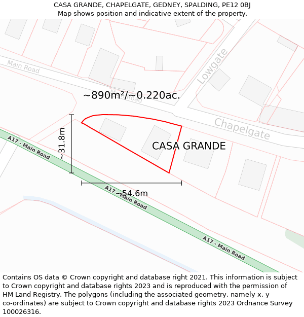 CASA GRANDE, CHAPELGATE, GEDNEY, SPALDING, PE12 0BJ: Plot and title map