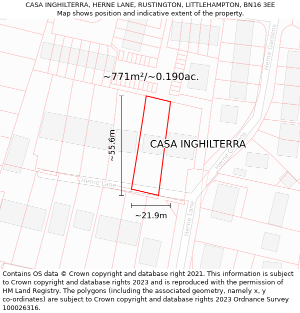 CASA INGHILTERRA, HERNE LANE, RUSTINGTON, LITTLEHAMPTON, BN16 3EE: Plot and title map