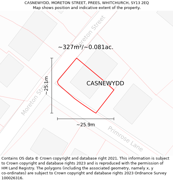 CASNEWYDD, MORETON STREET, PREES, WHITCHURCH, SY13 2EQ: Plot and title map
