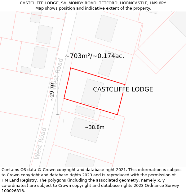 CASTCLIFFE LODGE, SALMONBY ROAD, TETFORD, HORNCASTLE, LN9 6PY: Plot and title map