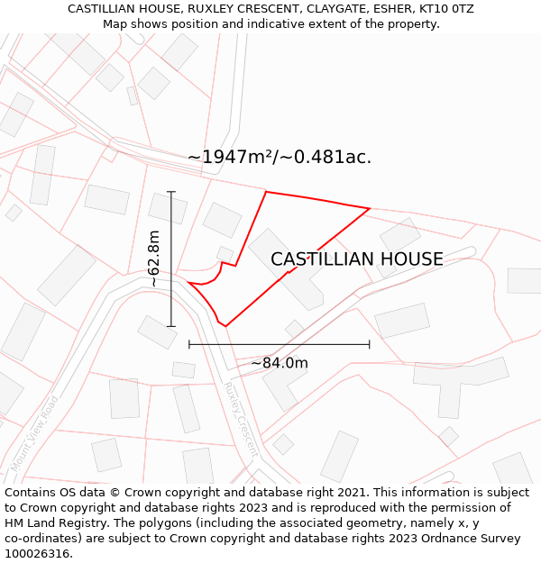 CASTILLIAN HOUSE, RUXLEY CRESCENT, CLAYGATE, ESHER, KT10 0TZ: Plot and title map