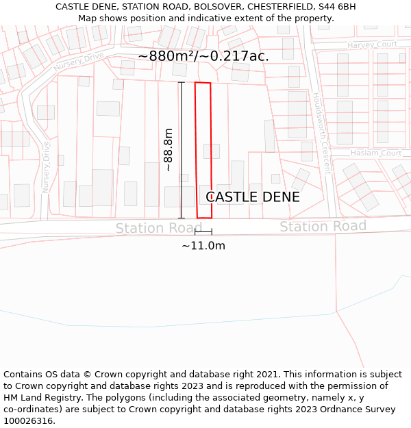 CASTLE DENE, STATION ROAD, BOLSOVER, CHESTERFIELD, S44 6BH: Plot and title map