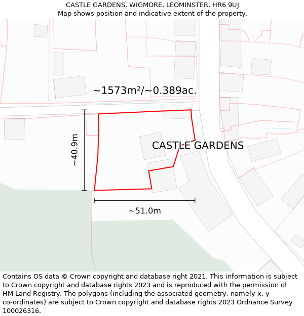 CASTLE GARDENS, WIGMORE, LEOMINSTER, HR6 9UJ: Plot and title map