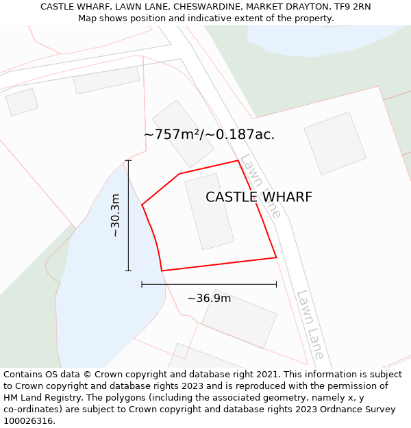 CASTLE WHARF, LAWN LANE, CHESWARDINE, MARKET DRAYTON, TF9 2RN: Plot and title map