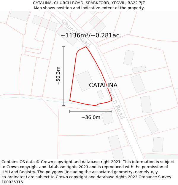 CATALINA, CHURCH ROAD, SPARKFORD, YEOVIL, BA22 7JZ: Plot and title map