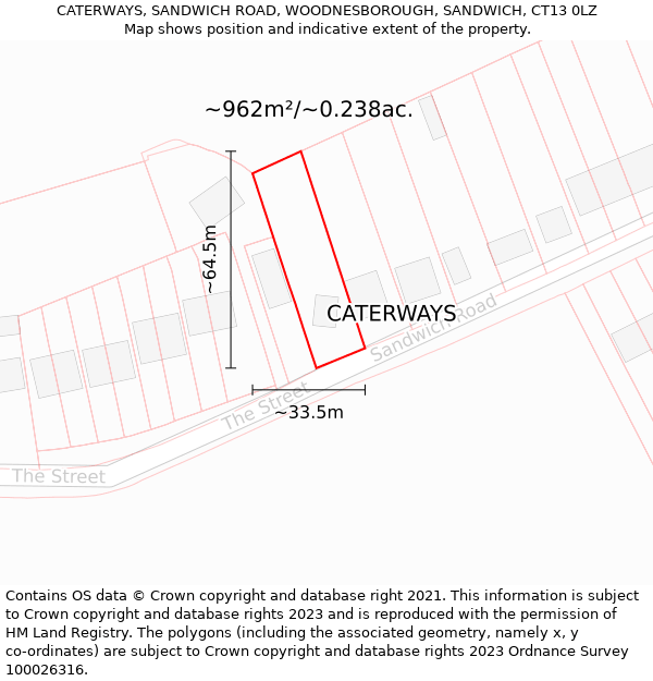 CATERWAYS, SANDWICH ROAD, WOODNESBOROUGH, SANDWICH, CT13 0LZ: Plot and title map