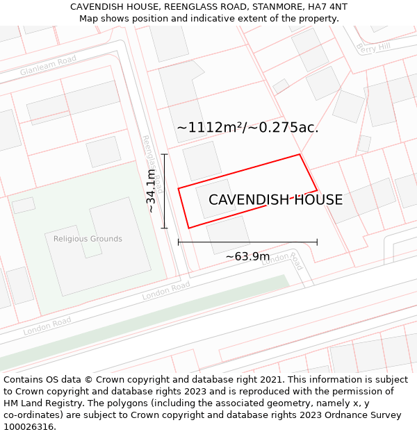 CAVENDISH HOUSE, REENGLASS ROAD, STANMORE, HA7 4NT: Plot and title map