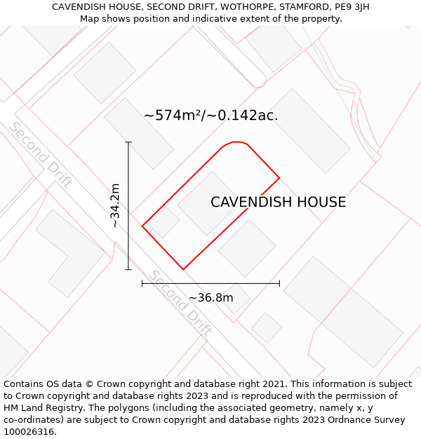 CAVENDISH HOUSE, SECOND DRIFT, WOTHORPE, STAMFORD, PE9 3JH: Plot and title map