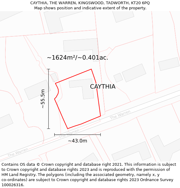 CAYTHIA, THE WARREN, KINGSWOOD, TADWORTH, KT20 6PQ: Plot and title map