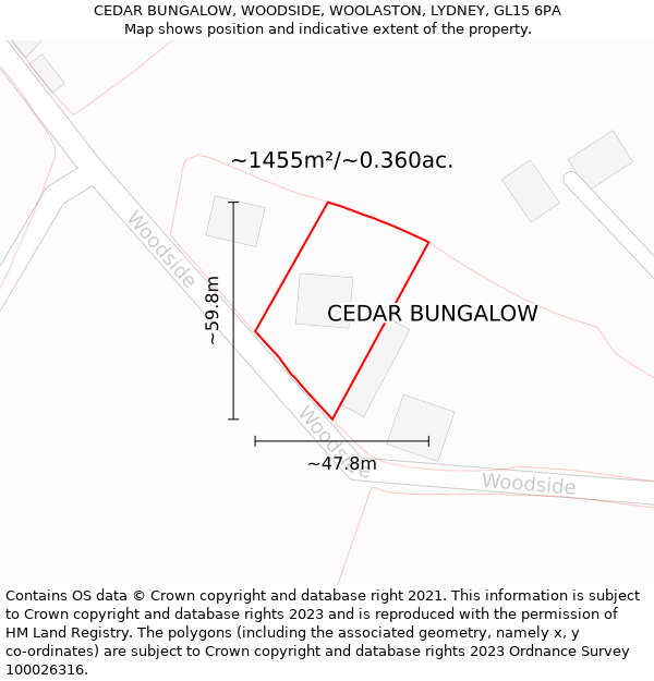 CEDAR BUNGALOW, WOODSIDE, WOOLASTON, LYDNEY, GL15 6PA: Plot and title map