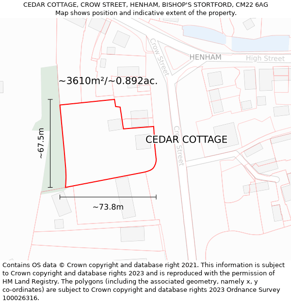 CEDAR COTTAGE, CROW STREET, HENHAM, BISHOP'S STORTFORD, CM22 6AG: Plot and title map