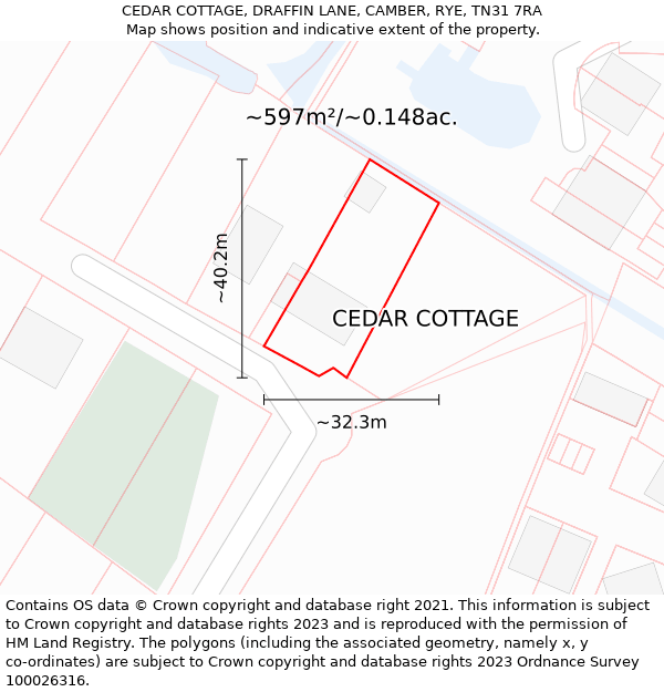 CEDAR COTTAGE, DRAFFIN LANE, CAMBER, RYE, TN31 7RA: Plot and title map